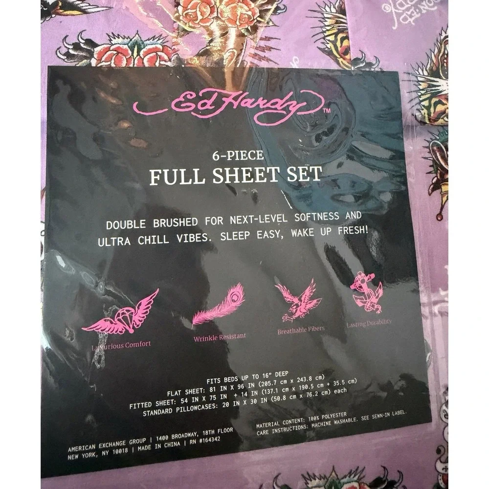 Ed Hardy 6-Piece Full Size Sheet Set Purple Dragon Tiger Print New